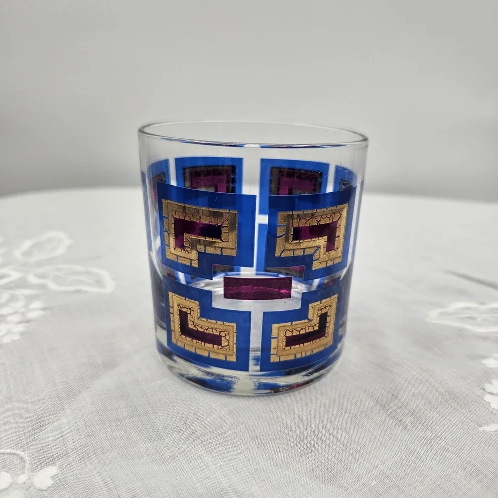 Vintage Berta MCM Rocks Glass Blue Purple Gold Greek Key‎ Geometric Barware
